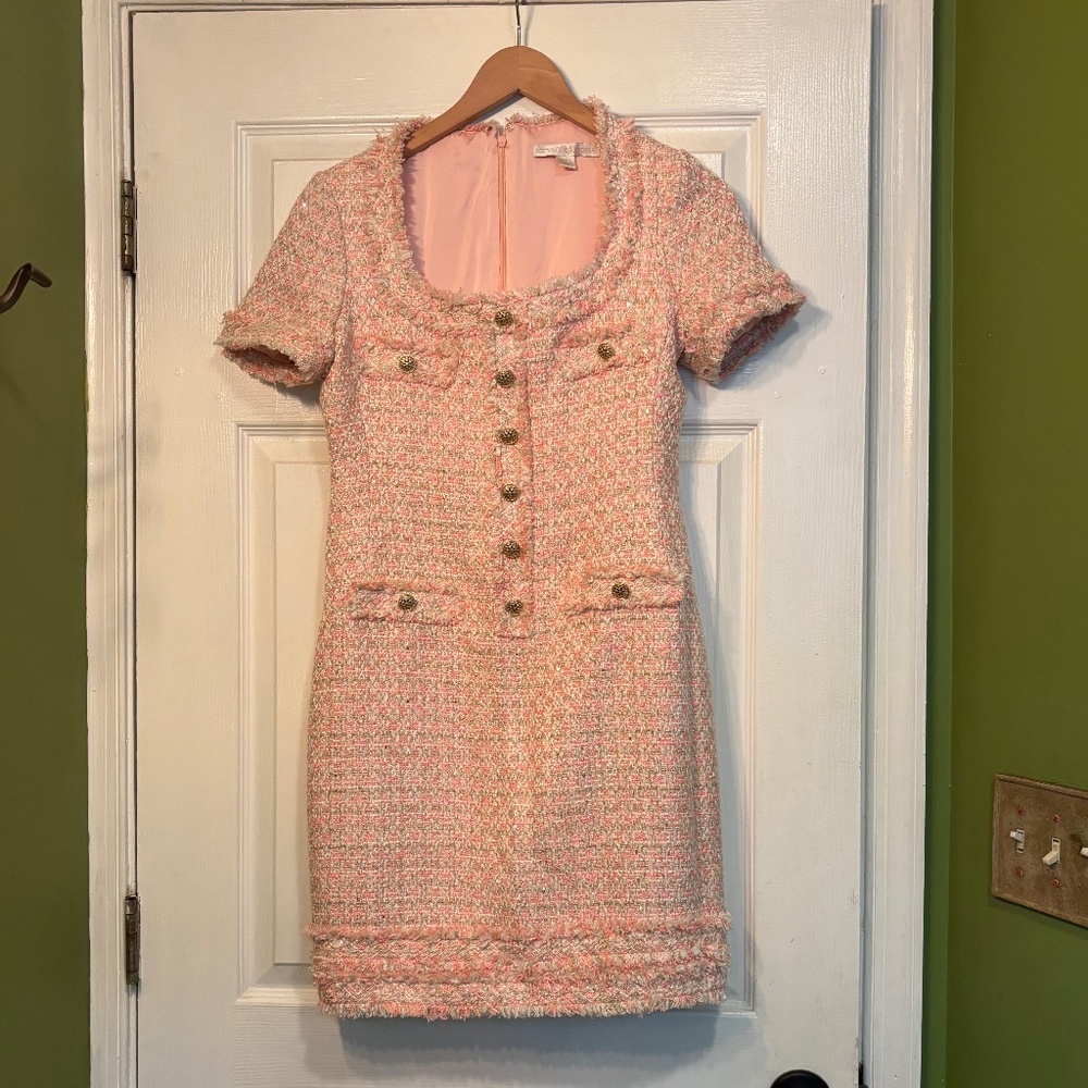 Pastel Pink Tweed Boucle Sequin Sparkle Chanel Style Dress